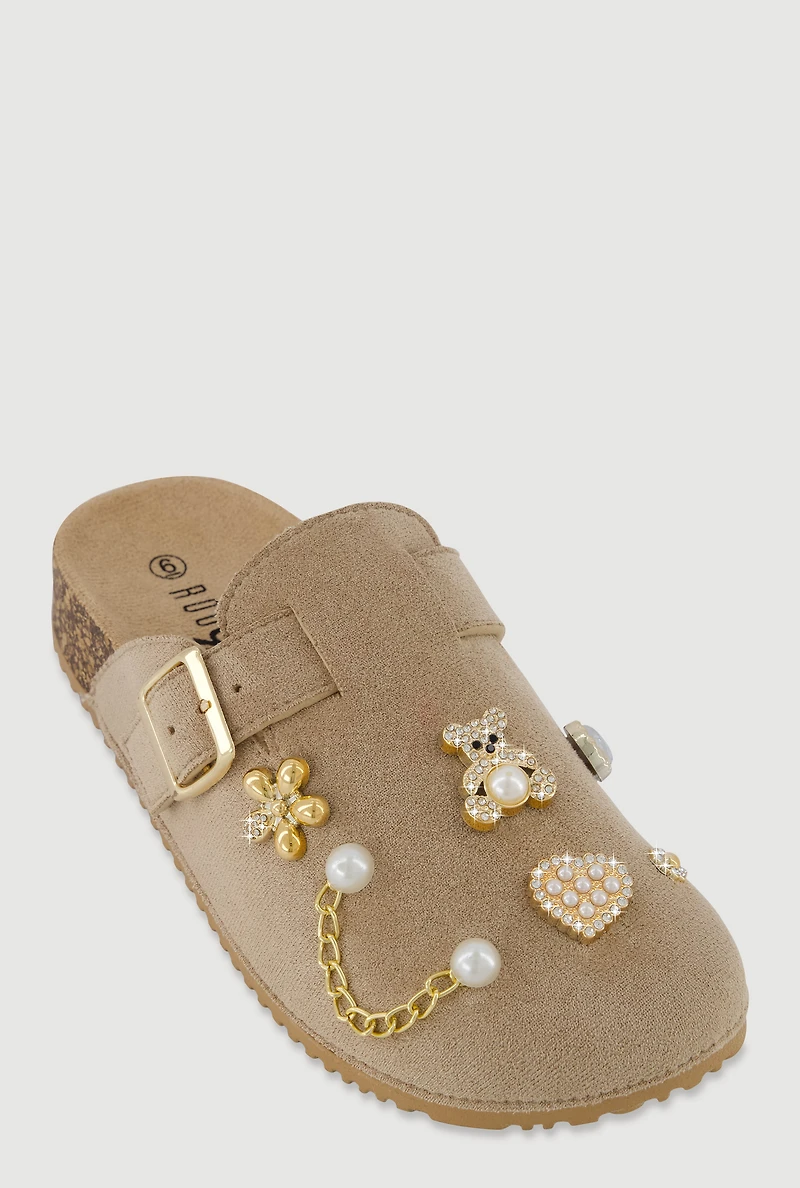 Womens Faux Suede Clogs with Rhinestone and Pearl Charms,