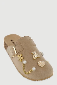Faux Suede Clogs with Rhinestone and Pearl Charms
