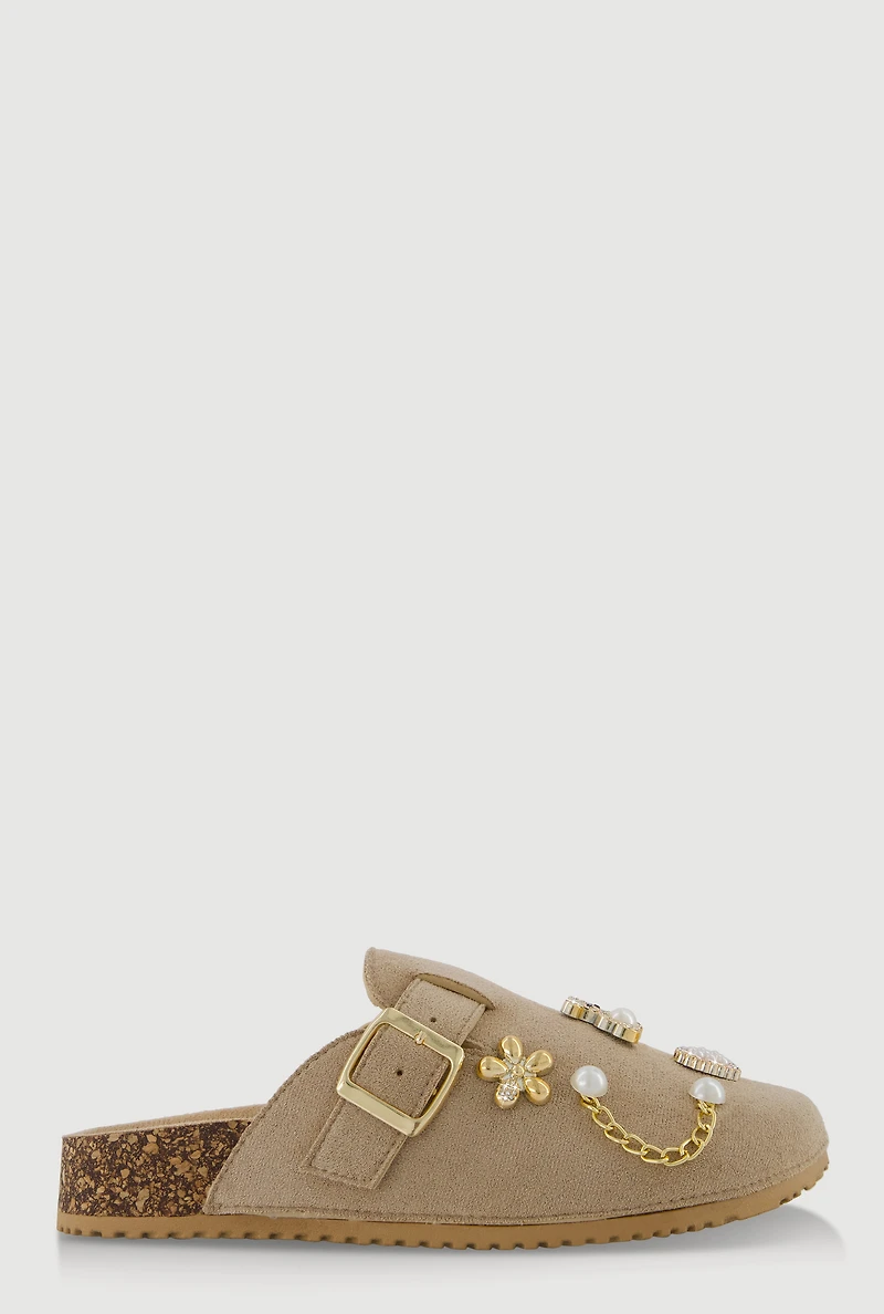 Womens Faux Suede Clogs with Rhinestone and Pearl Charms,