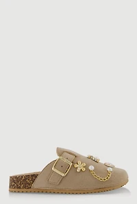 Womens Faux Suede Clogs with Rhinestone and Pearl Charms,