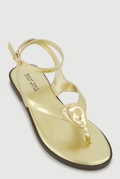 Metallic Pendant Ankle Strap Thong Sandals