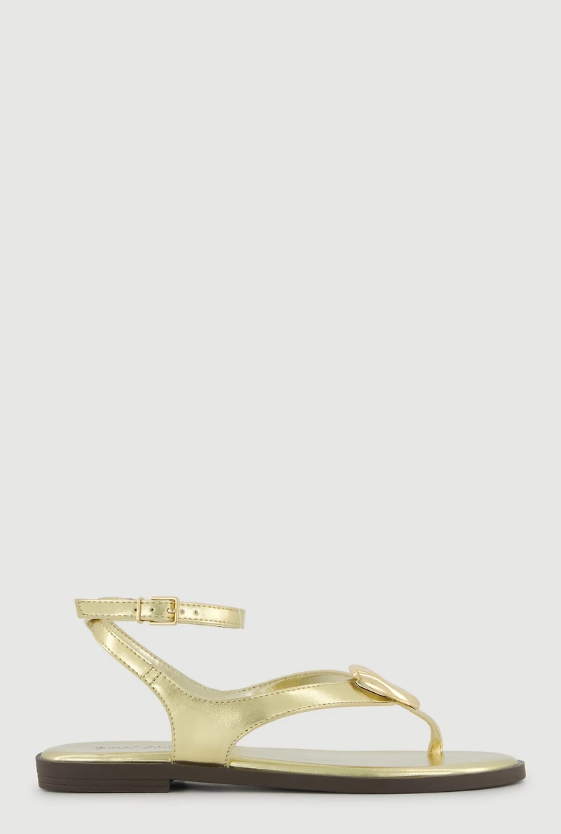 Metallic Pendant Ankle Strap Thong Sandals