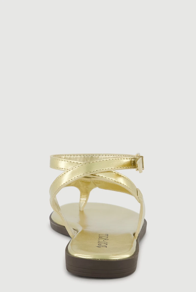 Metallic Pendant Ankle Strap Thong Sandals