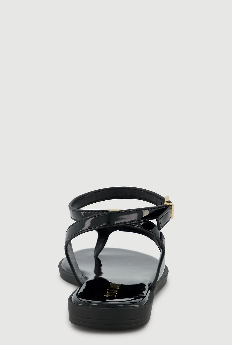 Metallic Pendant Ankle Strap Thong Sandals