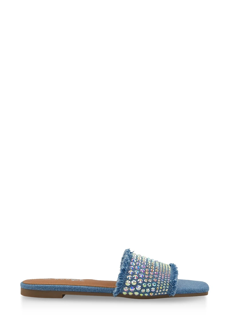 Frayed Denim Rhinestone Slide Sandals