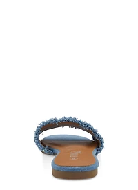 Frayed Denim Rhinestone Slide Sandals
