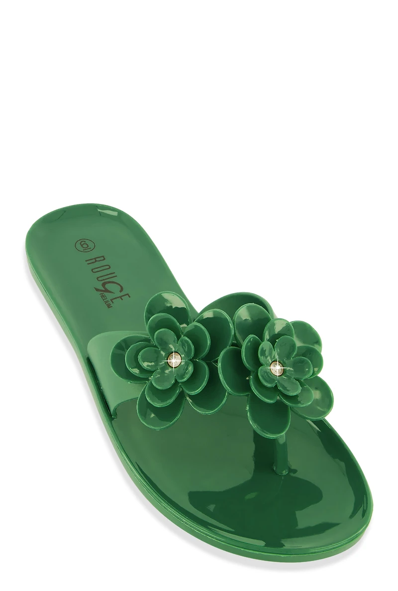 Jelly Rhinestone Flower Detail Thong Sandals