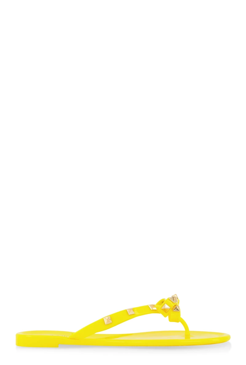 Womens Bow Studded Jelly Thong Slide Sandals, Yellow,