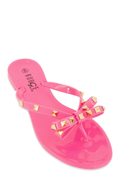 Womens Bow Studded Jelly Thong Slide Sandals, Pink, Size 8