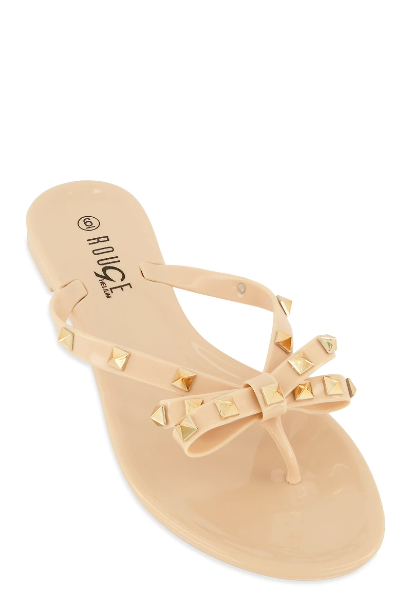 Bow Studded Jelly Thong Slide Sandals