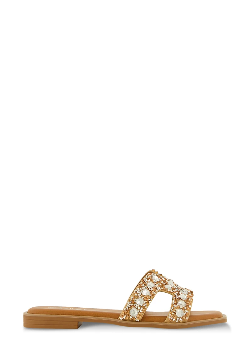 Rhinestone Studded Cut Out Band Slide Sandals