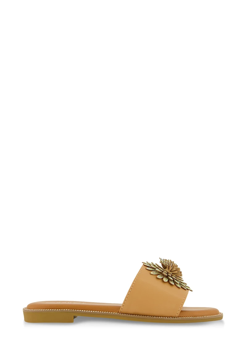 Rhinestone Studded 3D Floral Band Slide Sandals