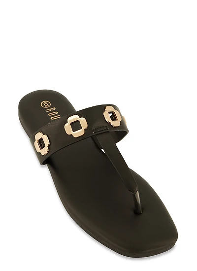 Geometric Metallic Eyelet Thong Slide Sandals
