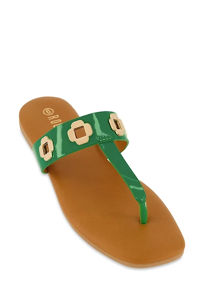 Womens Geometric Metallic Eyelet Thong Slide Sandals,
