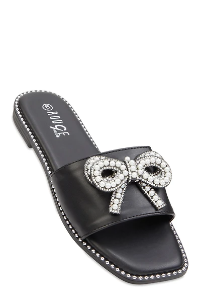 Womens Rhinestone Faux Pearl Bow Band Slide Sandals, Black, Size 9