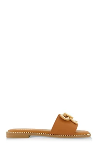 Womens Rhinestone Faux Pearl Bow Band Slide Sandals, Brown, Size 11