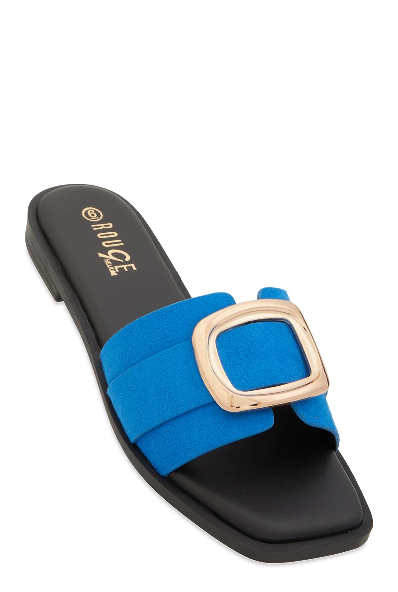 Metallic Pendant Square Toe Slide Sandals