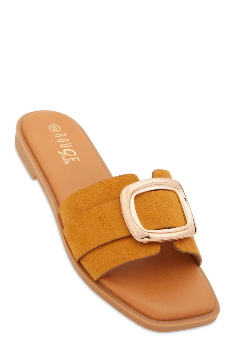 Metallic Pendant Square Toe Slide Sandals