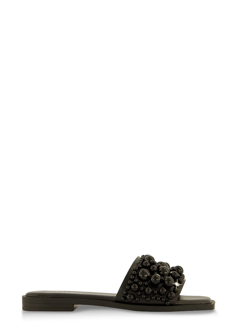 Womens Embellished Faux Pearl Studded Slide Sandals,