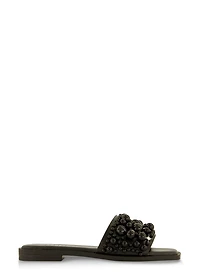 Womens Embellished Faux Pearl Studded Slide Sandals,