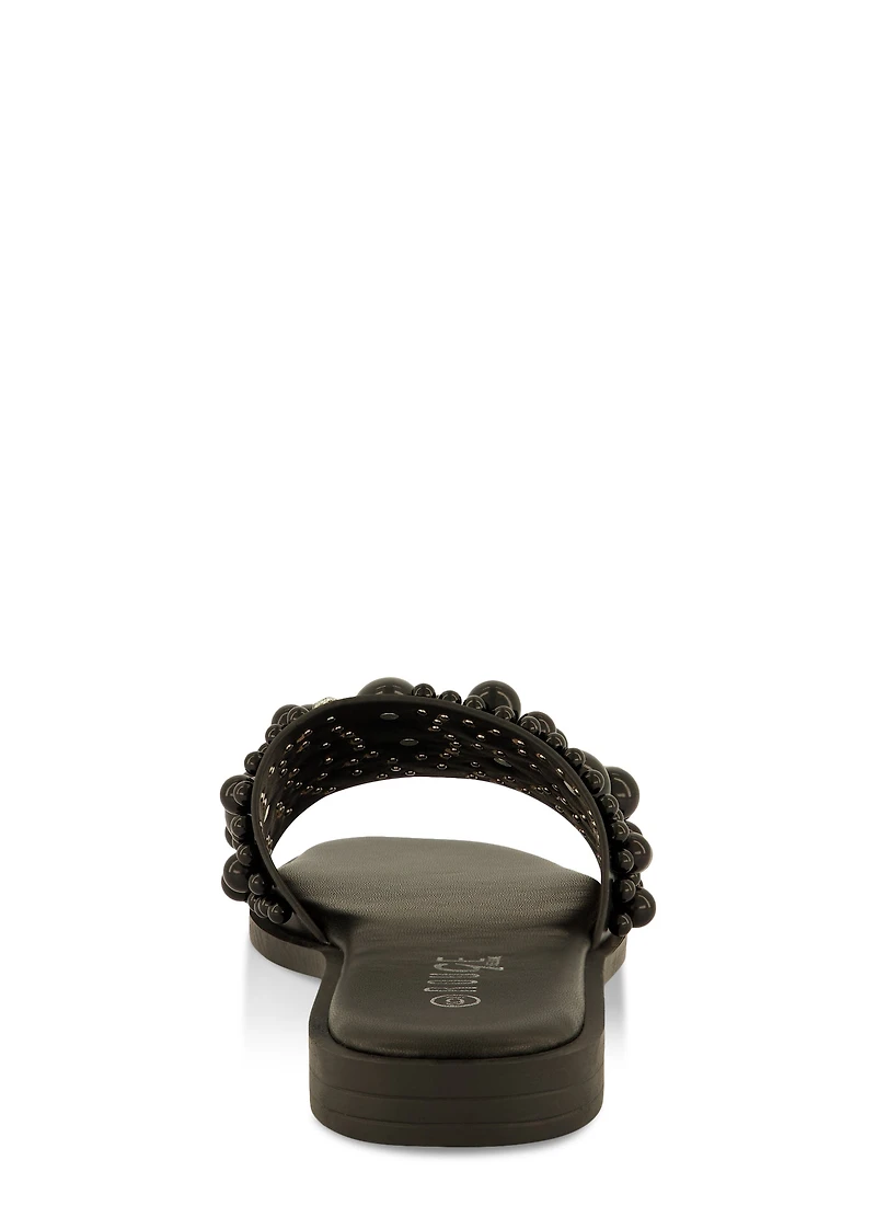 Womens Embellished Faux Pearl Studded Slide Sandals,