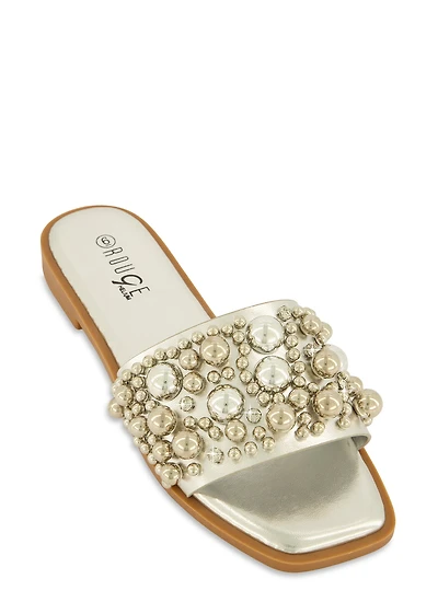 Womens Embellished Faux Pearl Studded Slide Sandals, Silver, Size 9