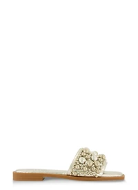 Womens Embellished Faux Pearl Studded Slide Sandals, Silver, Size 10