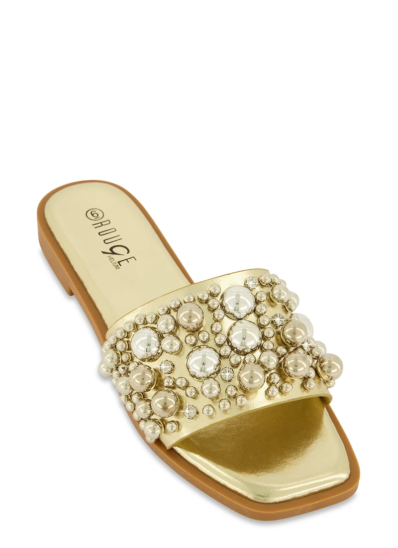 Embellished Faux Pearl Studded Slide Sandals