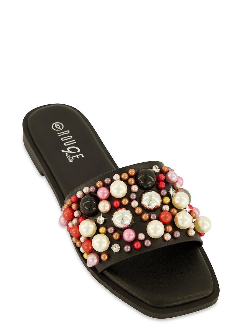 Embellished Faux Pearl Studded Slide Sandals