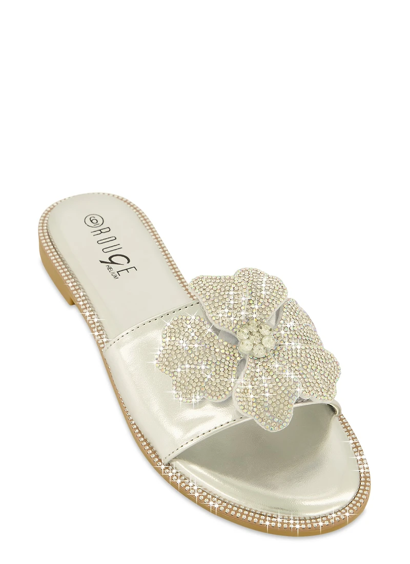 Rhinestone Trim Flower Detail Slide Sandals