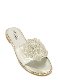 Rhinestone Trim Flower Detail Slide Sandals
