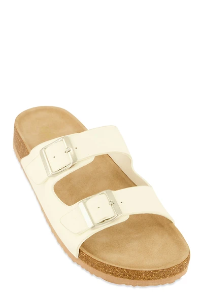 Womens Double Buckle Footbed Sandals, White, Size 10