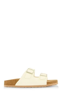 Womens Double Buckle Footbed Sandals, White, Size 10