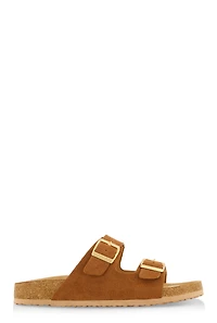 Womens Double Buckle Footbed Sandals, Brown, Size 8