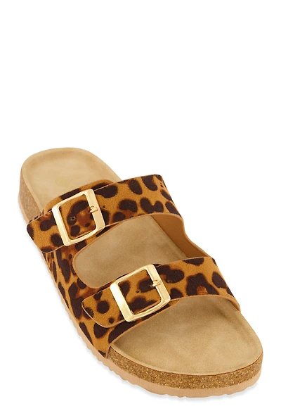 Womens Double Buckle Footbed Sandals, Brown,