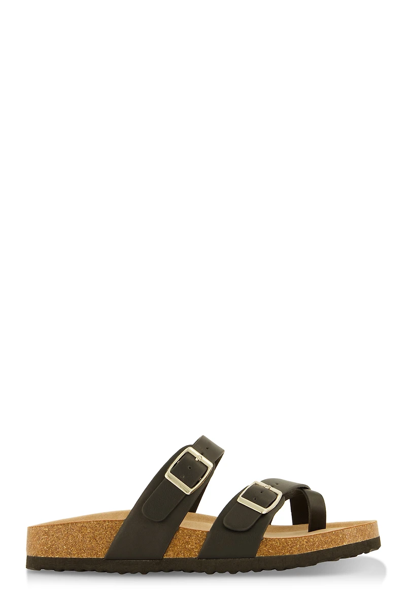 Womens Double Buckle Toe Loop Footbed Sandals, Black, Size 9