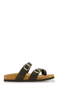 Womens Double Buckle Toe Loop Footbed Sandals, Black, Size 9