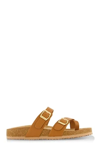 Womens Double Buckle Toe Loop Footbed Sandals,