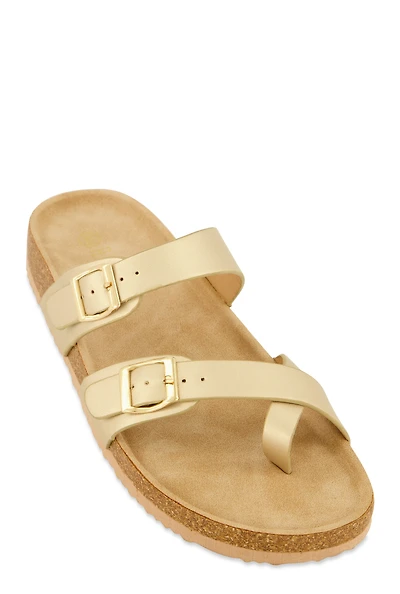 Womens Double Buckle Toe Loop Footbed Sandals,
