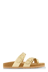 Womens Double Buckle Toe Loop Footbed Sandals, Gold, Size 9