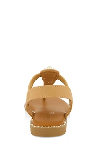 Womens Faux Pearl Studded Ankle Strap Thong Sandals,