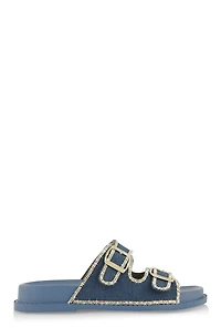Double Buckle Band Studded Trim Slide Sandals