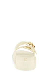 Womens Buckle Detail Double Band Footbed Sandals, White,