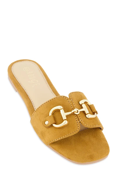 Womens Metallic Horsebit Single Band Slide Sandals, Brown, Size 10