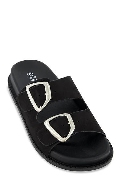 Faux Suede Double Buckle Band Slide Sandals