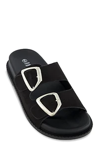 Faux Suede Double Buckle Band Slide Sandals