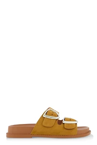 Womens Faux Suede Double Buckle Band Slide Sandals, Brown,