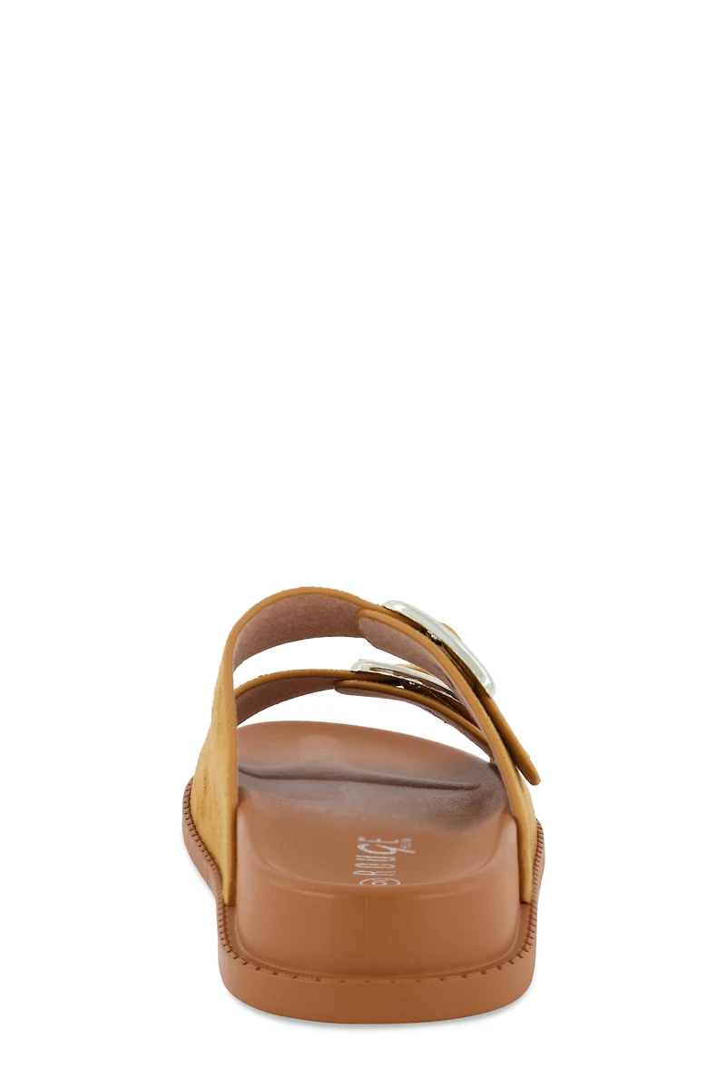 Womens Faux Suede Double Buckle Band Slide Sandals, Brown,