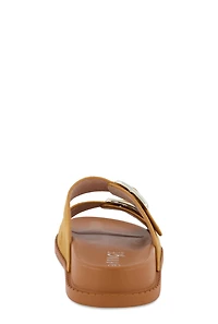 Womens Faux Suede Double Buckle Band Slide Sandals, Brown,