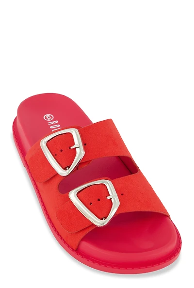 Womens Faux Suede Double Buckle Band Slide Sandals, Red, Size 8